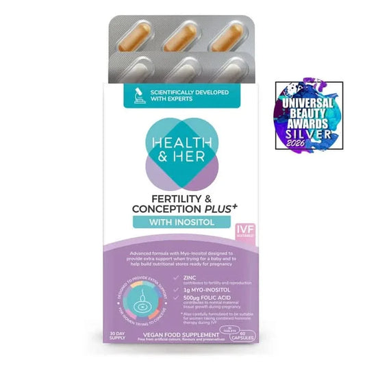Health & Her Fertility & Conception Plus+ with Inositol 90 capsules box with blister pack, white background, Universal Beauty Awards Silver 2026