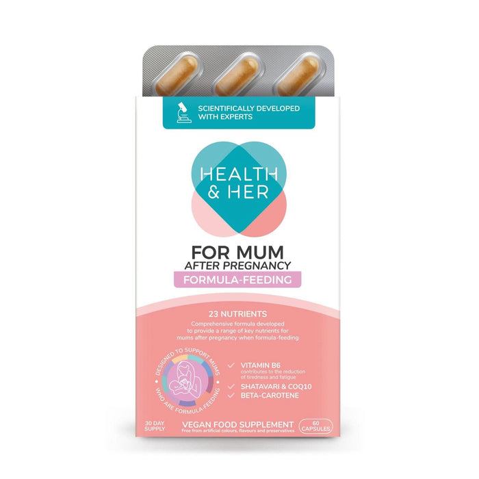 Health & Her For Mum After Pregnancy Formula Feeding 60 Capsules box on white background, blister pack visible on top.