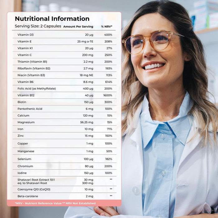 Health & Her After Pregnancy Formula Feeding nutritional information panel showing vitamins, minerals and NRV percentages, beside smiling woman in white coat.