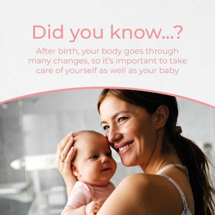 Health & Her After Pregnancy Formula Feeding capsules info graphic on white background; woman holding baby, text "Did you know...?"