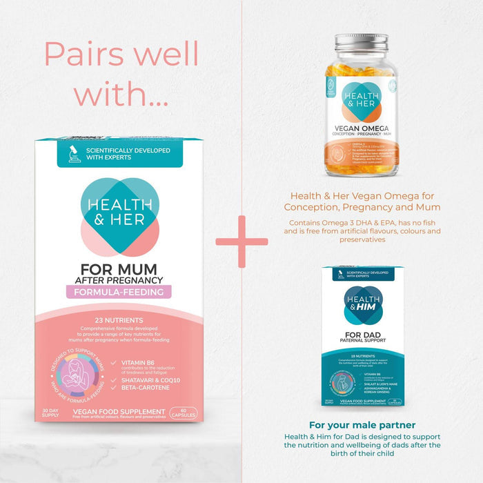 Health & Her For Mum After Pregnancy Formula Feeding 60 Capsules box on white background, paired with Vegan Omega and Health & Him For Dad products.