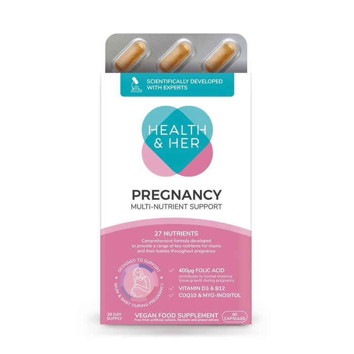 Health & Her Pregnancy 60 Capsules white box with blister pack, showing "Pregnancy Multi-Nutrient Support, 27 Nutrients, Vegan Food Supplement"