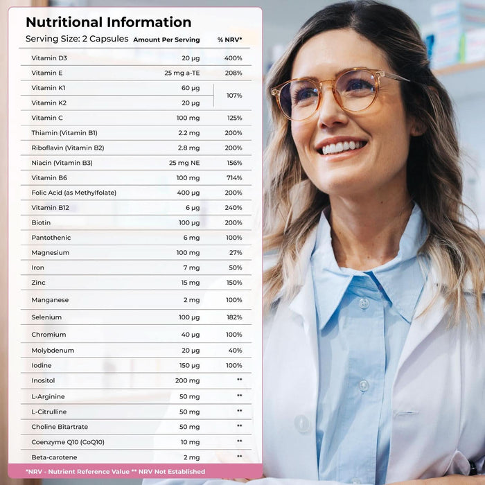 Health & Her Pregnancy 60 Capsules nutritional information panel showing vitamins, minerals and NRV percentages beside a smiling woman in a white coat.