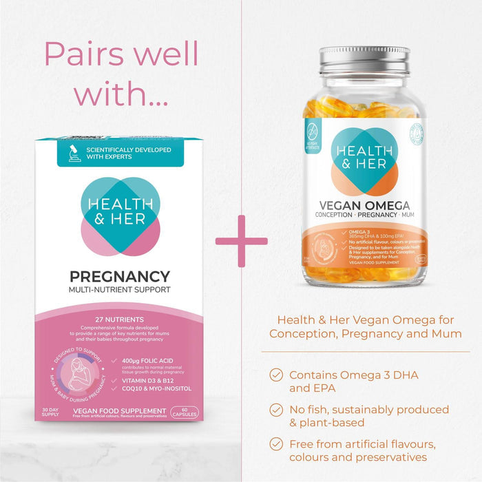 Health & Her Pregnancy 60 Capsules box paired with Vegan Omega bottle on white marble background, text reads "Pairs well with..."