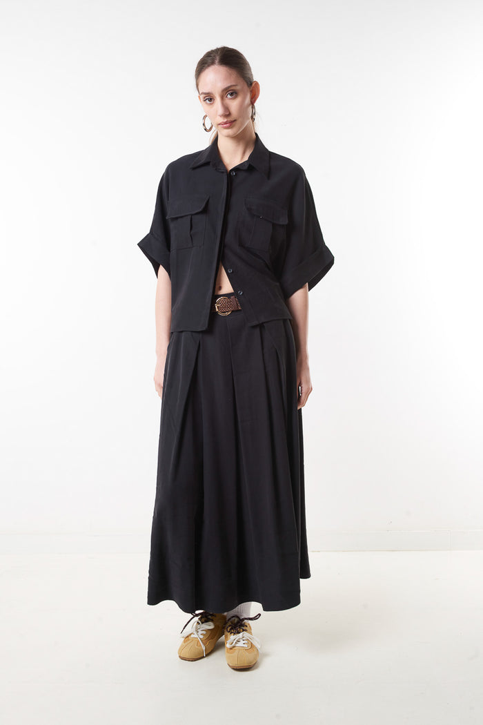 High waist pleated wide flowy midi skirt with belt wholesale