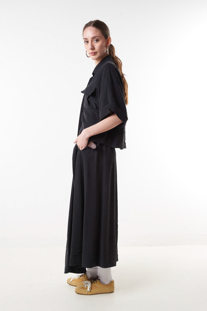 High waist pleated wide flowy midi skirt with belt wholesale