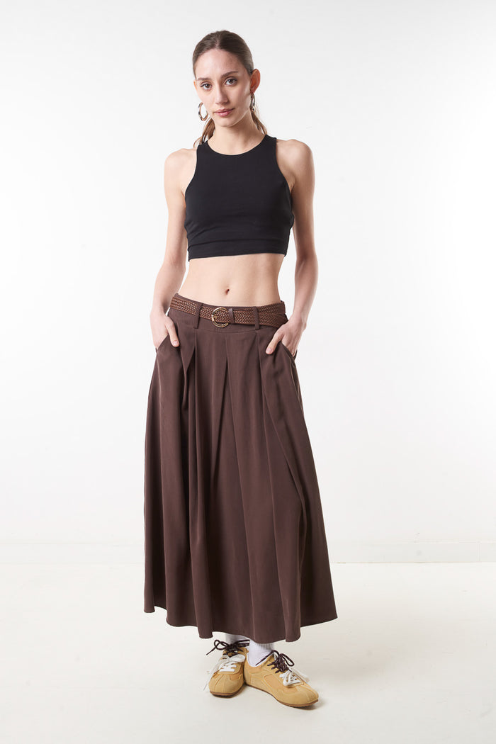 High waist pleated wide flowy midi skirt with belt wholesale