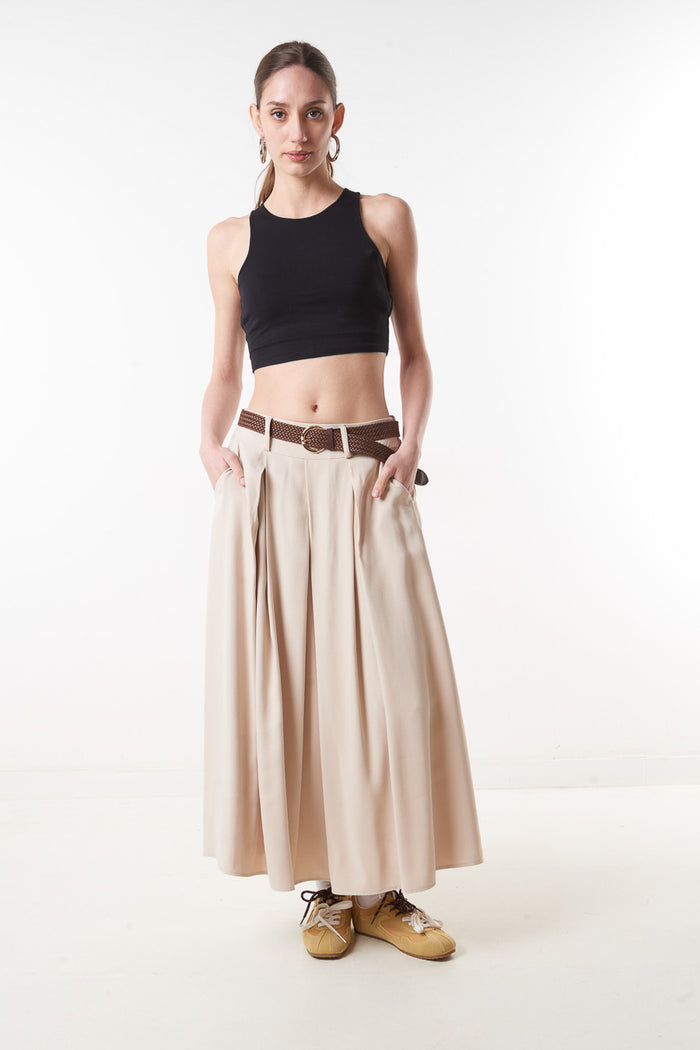 High waist pleated wide flowy midi skirt with belt wholesale