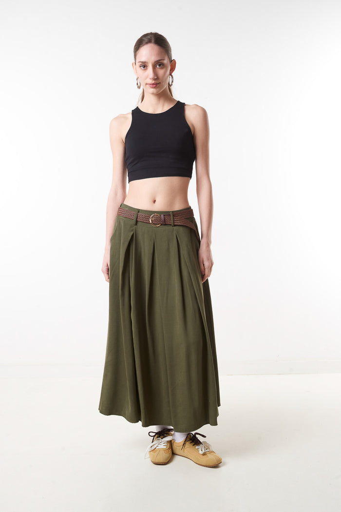 High waist pleated wide flowy midi skirt with belt wholesale