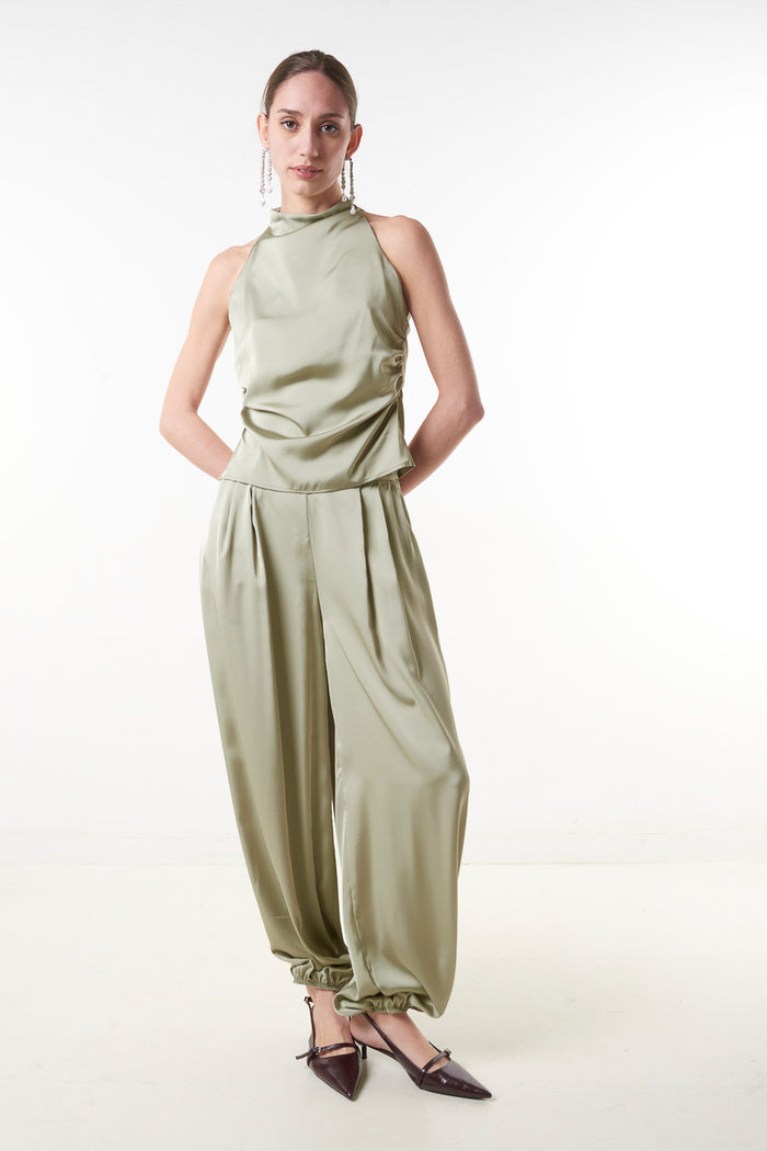 High waist satin wide leg trousers with cuffed hem wholesale