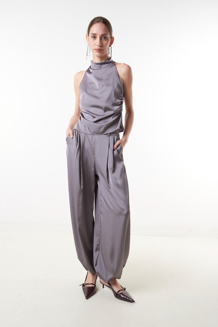 High waist satin wide leg trousers with cuffed hem wholesale