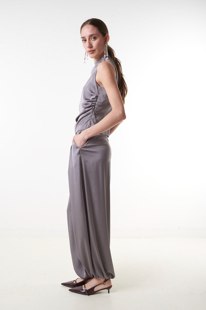 High waist satin wide leg trousers with cuffed hem wholesale