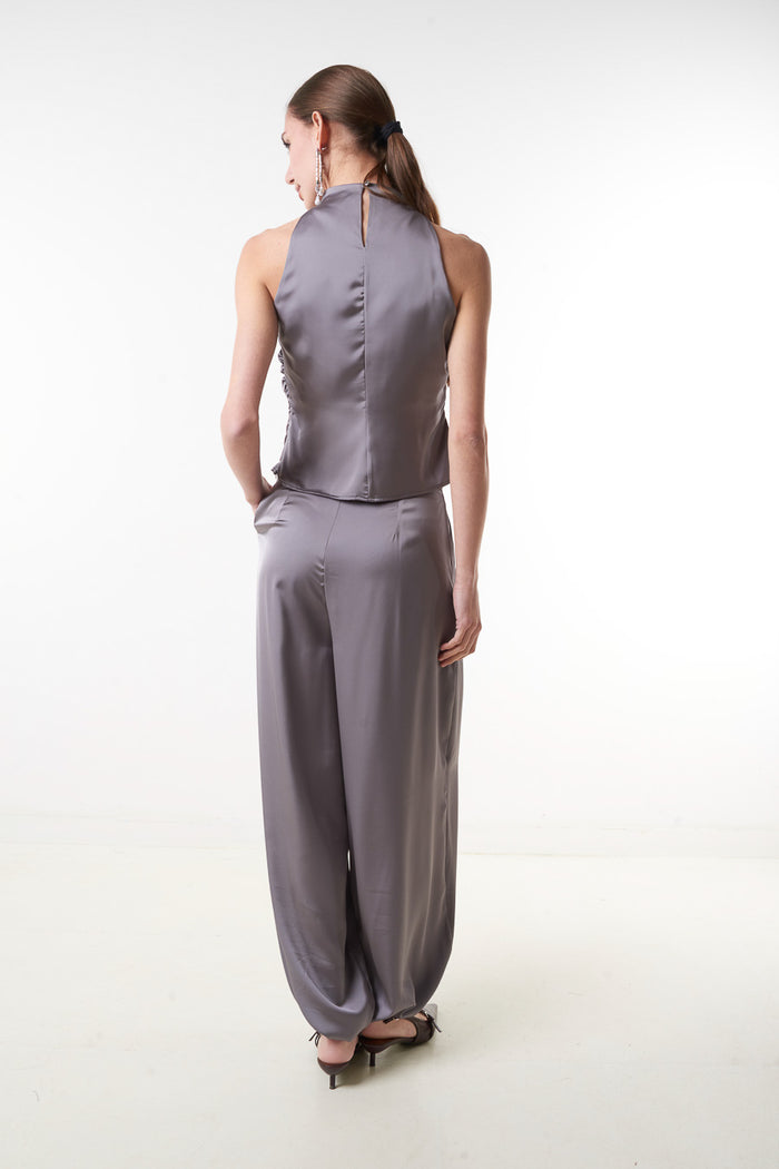 High waist satin wide leg trousers with cuffed hem wholesale