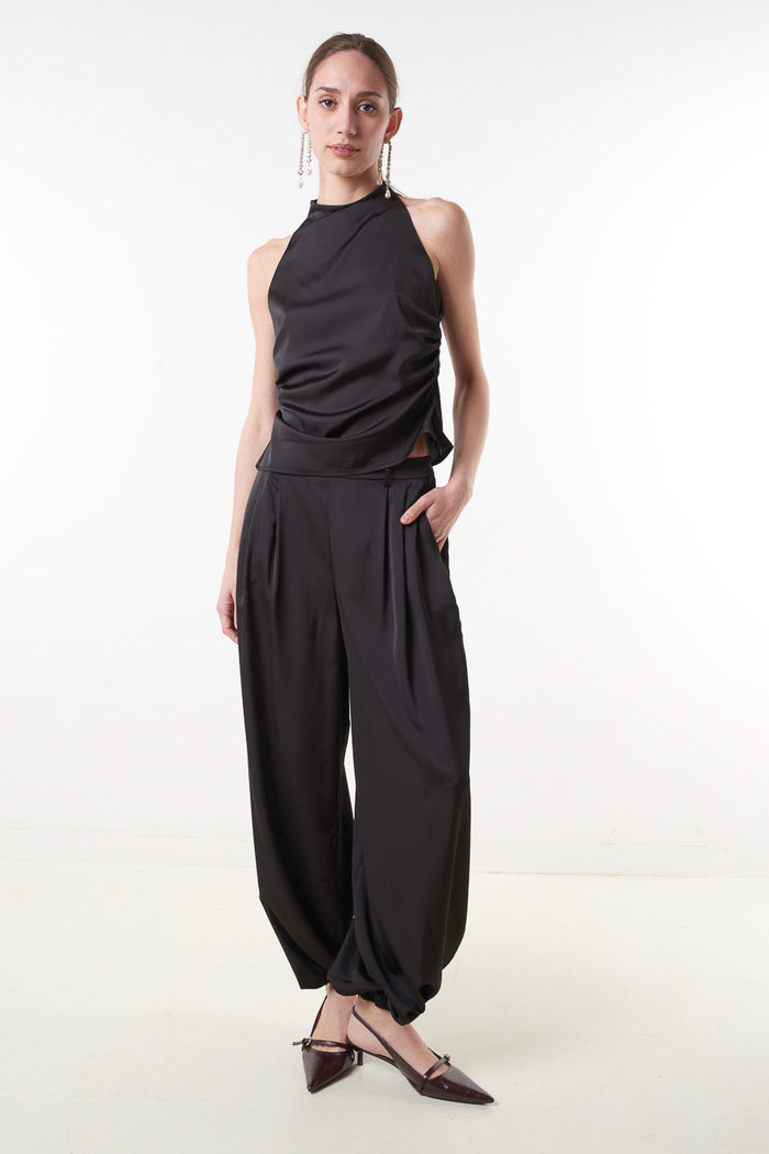High waist satin wide leg trousers with cuffed hem wholesale