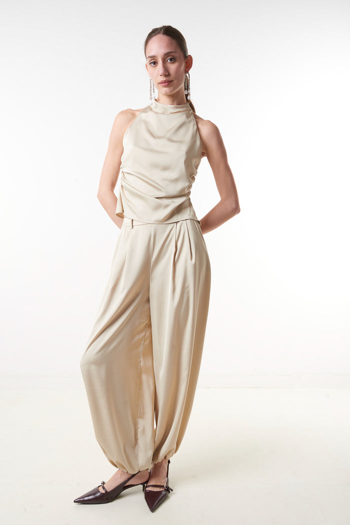 High waist satin wide leg trousers with cuffed hem wholesale