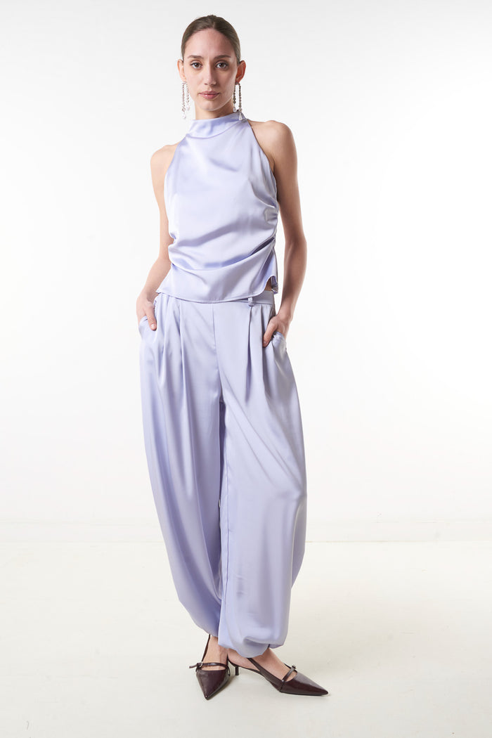 High waist satin wide leg trousers with cuffed hem wholesale