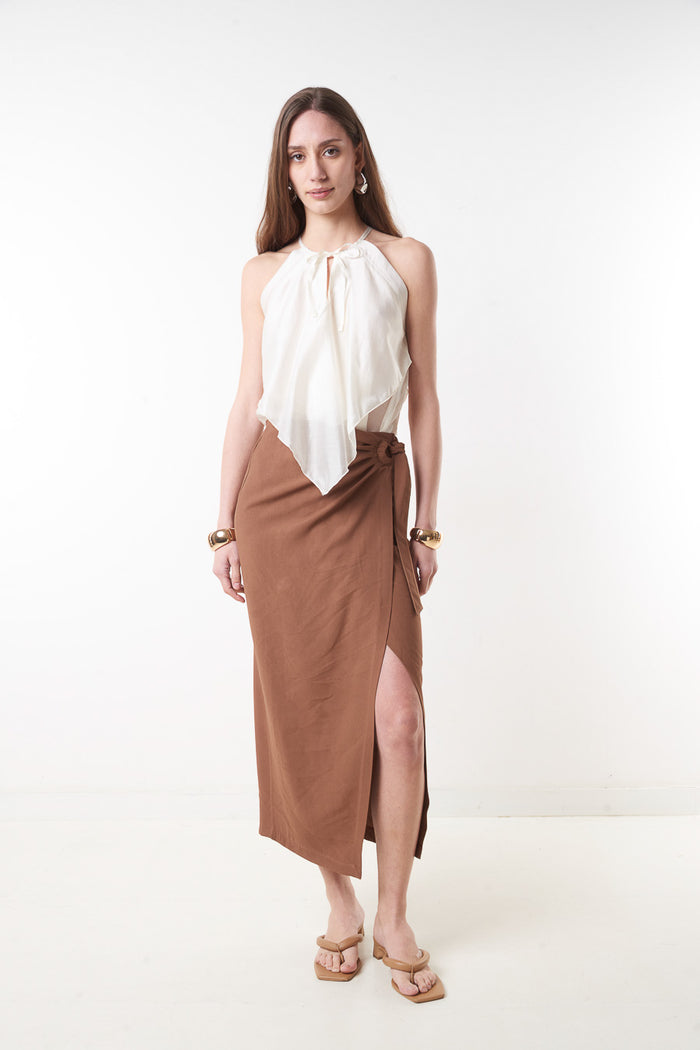 High waist wrap midi skirt with side tie slit detail wholesale
