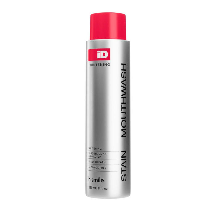 Hismile Stain iD Mouthwash 237ml silver bottle with red cap, labelled Whitening, Alcohol Free, 8 fl. oz., on white background.
