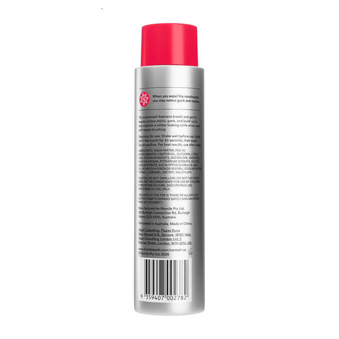 Hismile Stain iD Mouthwash 237ml back label on silver bottle with red cap, showing ingredients and directions, white background.