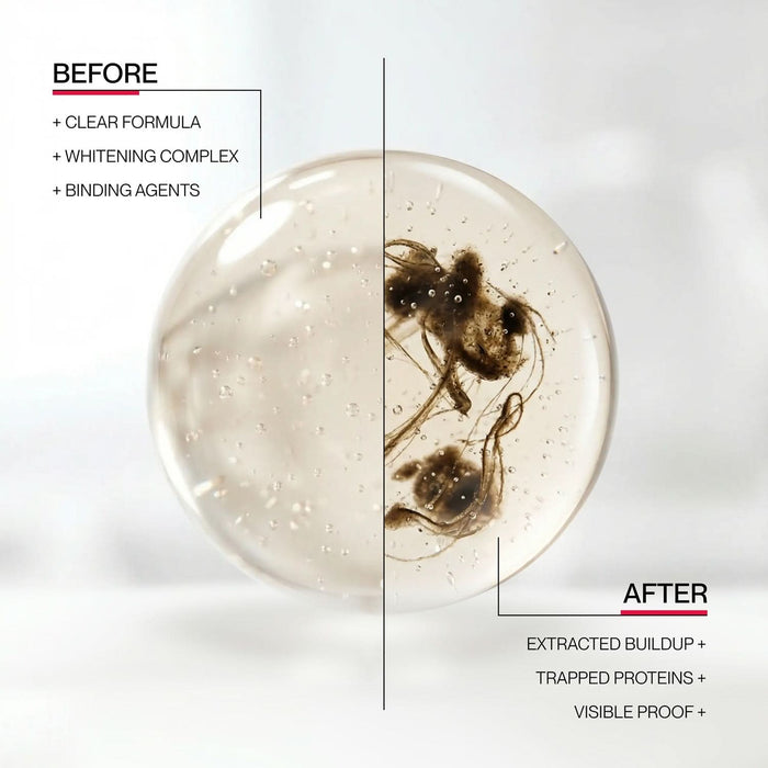 Before and after split image of Hismile Stain iD Mouthwash gel droplet on white background showing extracted dark stain buildup.