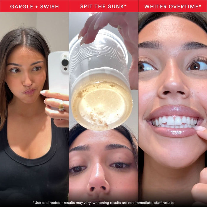 Three-panel image showing Hismile Stain iD Mouthwash steps: gargle and swish, spit the gunk into cup, whiter overtime result with white smile.