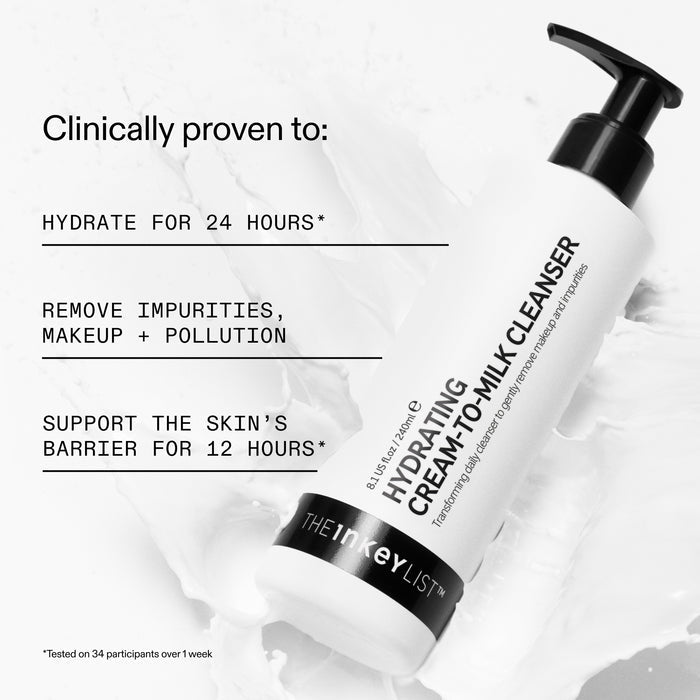"Clinically proven to: Hydrate for 24 hours*, Remove impurities, makeup + pollution, Support the skin’s barrier for 12 hours*." "Tested on 34 participants over 1 week."