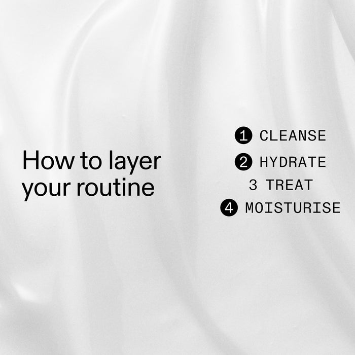 Text on a white background about layering a skincare routine with steps 'Cleanse', 'Hydrate', 'Treat', and 'Moisturize'.