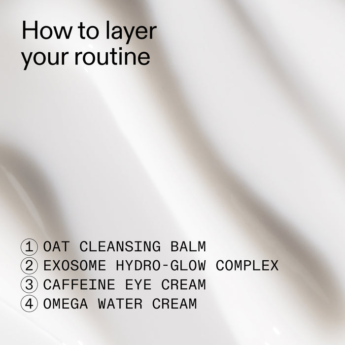 Text overlay on a blurred background with steps to layer a skincare routine.
