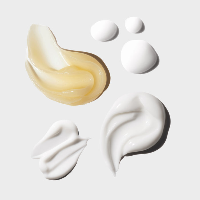 Skincare product swatches on a light gray background