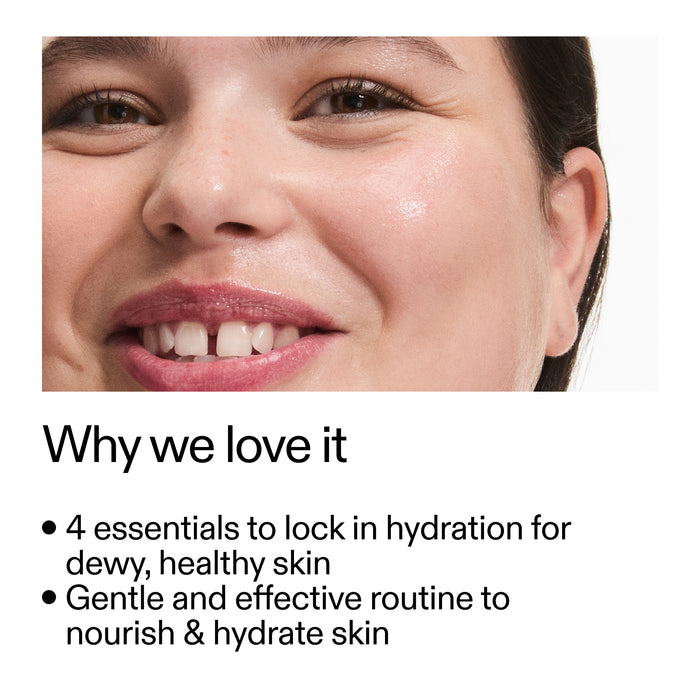 Close-up of a woman's face with text about skincare routine on a white background