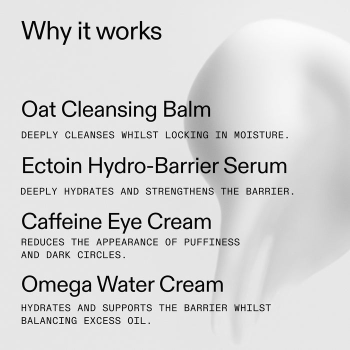 List of skincare products with their benefits on a white background