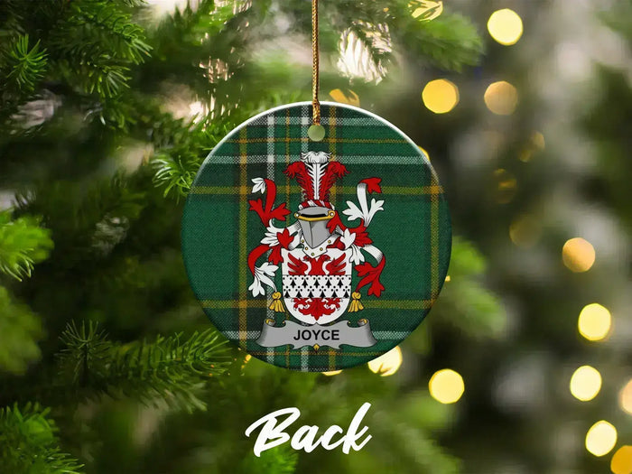 Joyce family crest Christmas tree decoration on the Irish National Tartan