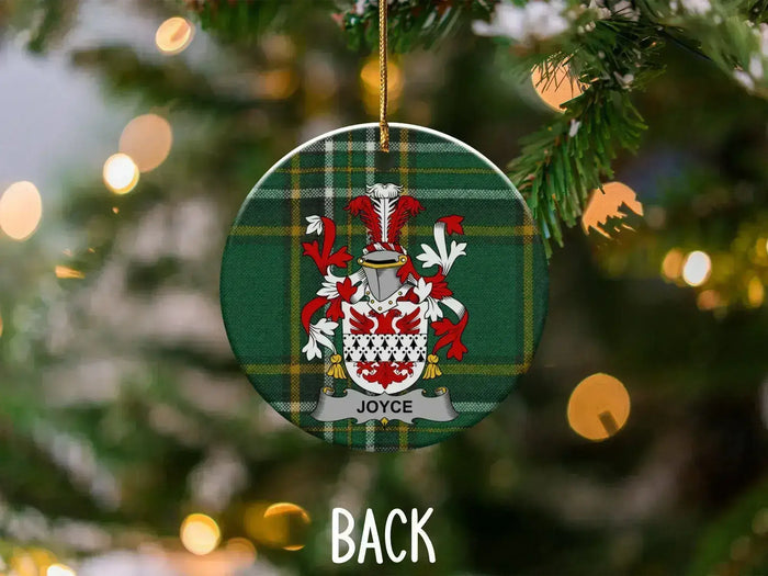 Round ceramic Joyce ornament with the family crest and Irish National Tartan design