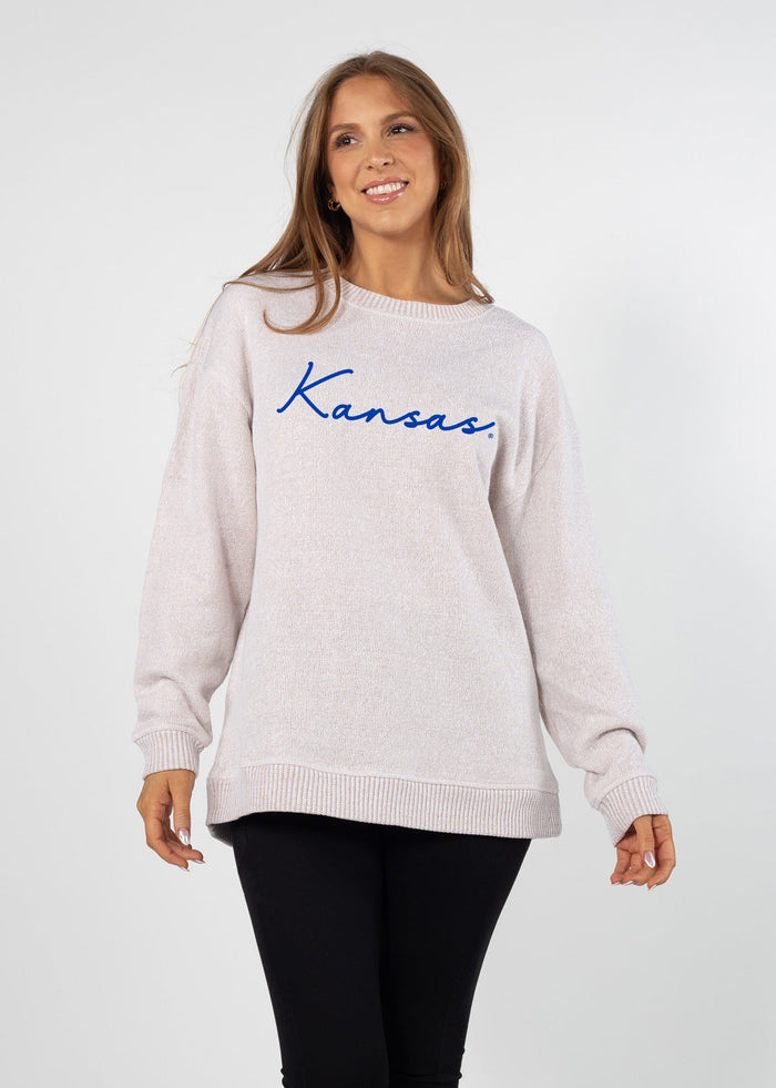 Kansas Jayhawks Women's Natural Relaxed, straight Yarn-dyed brushed fleece Sweatshirt with the look of sweater, the touch of a blanket, crew neckline and ribbed neck, cuffs and hem