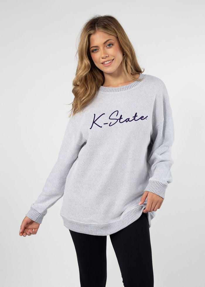 Kansas State Wildcats Women's Heather-Grey Relaxed, straight Yarn-dyed brushed fleece Sweatshirt with the look of sweater, the touch of a blanket, crew neckline and ribbed neck, cuffs and hem