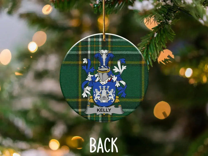 Kelly Family Crest Plaid Christmas Ornament