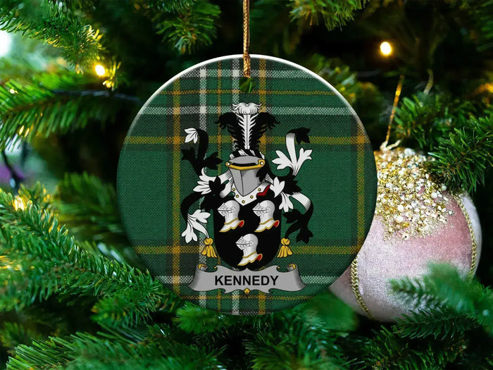 Kennedy Irish Family Crest round Christmas ornament on a tree