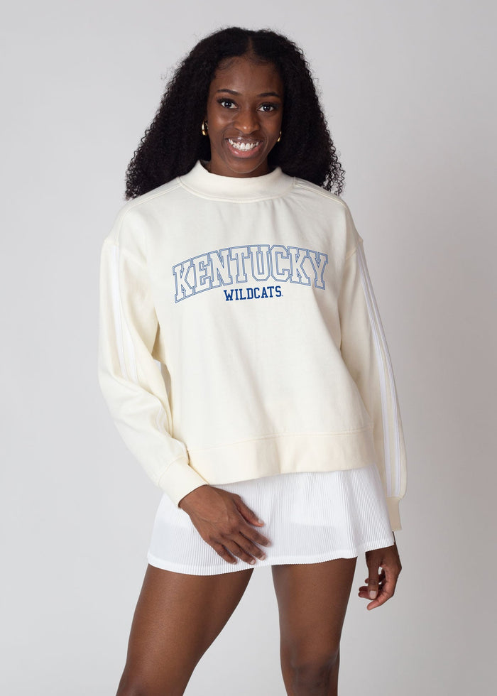 Kentucky Wildcats Women's White Relaxed, boxy, waist length Premium fleece Sweatshirt with Mock neck and striped rib at neckline, cuffs and hem
