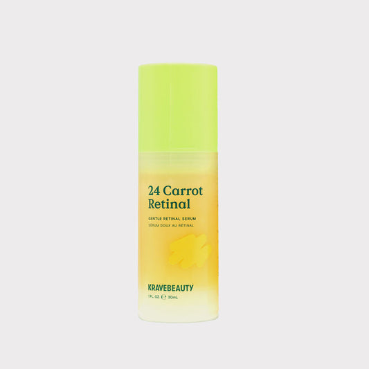 KraveBeauty 24 Carrot Retinal Serum is powered by oil-entrapped retinal, antioxidant-rich carrot extract, and barrier-supporting torula oil to promote cell turnover while improving uneven tone, texture, and the appearance of fine lines.