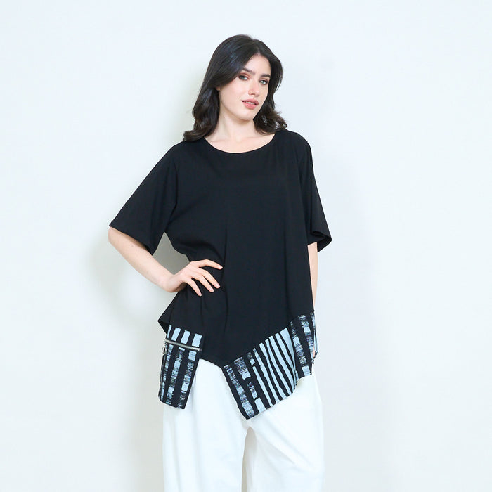 Layered contrast striped hem round neck loose fit oversized tunic top wholesale