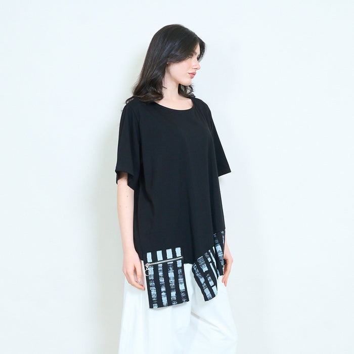 Layered contrast striped hem round neck loose fit oversized tunic top wholesale