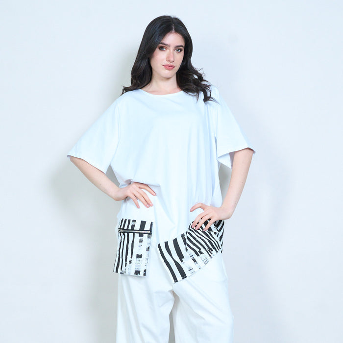 Layered contrast striped hem round neck loose fit oversized tunic top wholesale