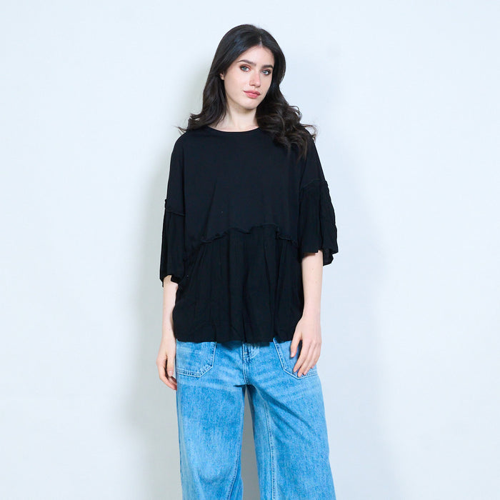 Layered ruffle hem loose fit round neck top wholesale