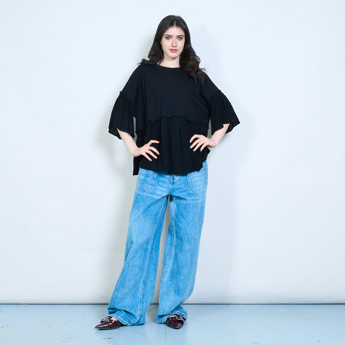 Layered ruffle hem loose fit round neck top wholesale