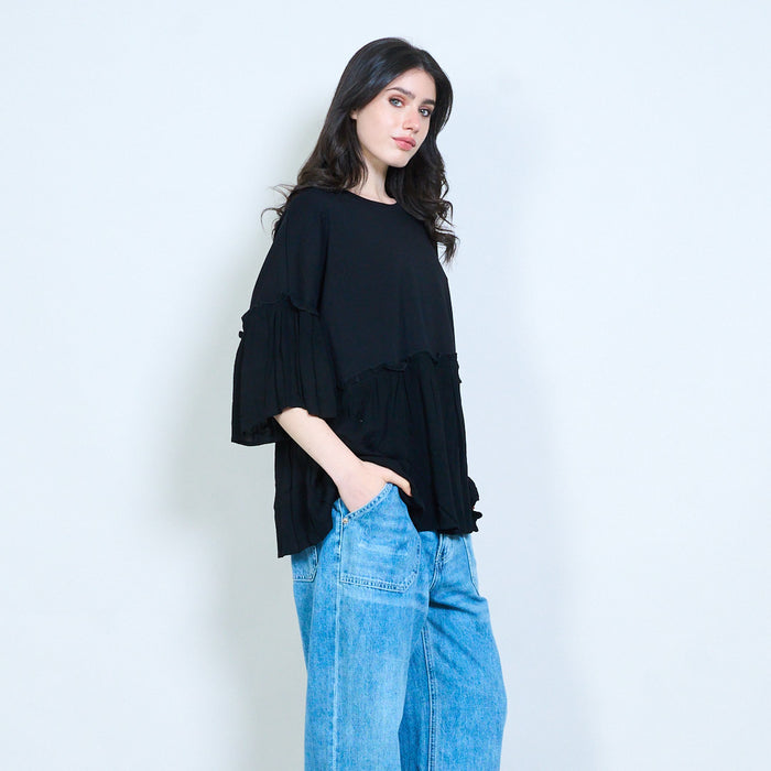Layered ruffle hem loose fit round neck top wholesale