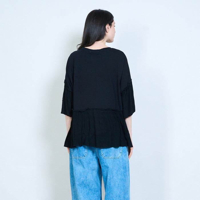 Layered ruffle hem loose fit round neck top wholesale