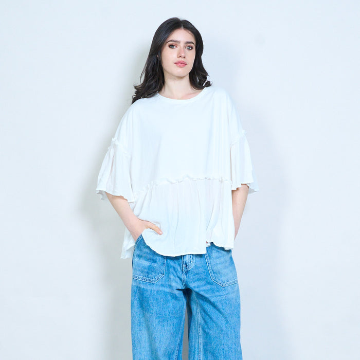Layered ruffle hem loose fit round neck top wholesale
