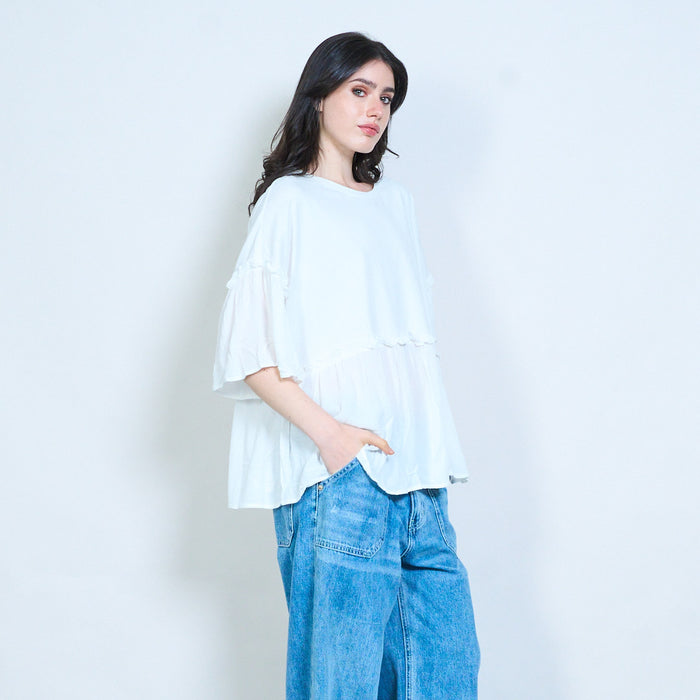 Layered ruffle hem loose fit round neck top wholesale