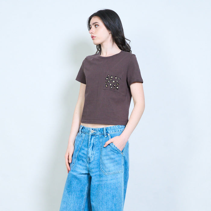 Leopard print pocket cropped cotton t-shirt wholesale