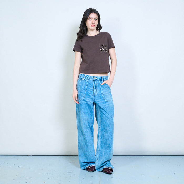 Leopard print pocket cropped cotton t-shirt wholesale